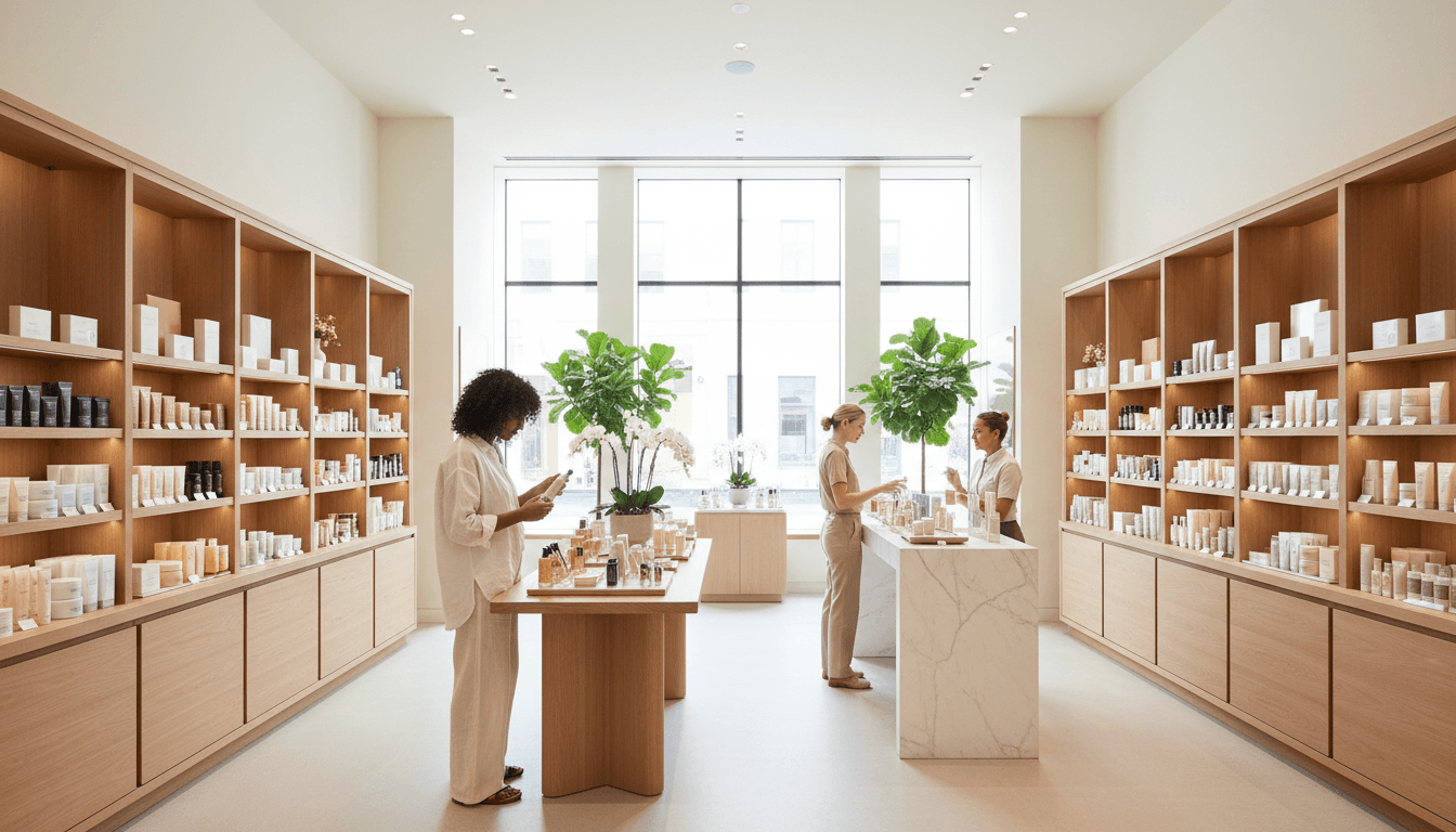 Retail shelves displaying health, beauty, and household products